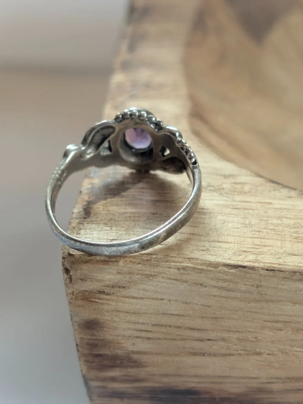Vintage Sterling Silver Carved Filigree Amethyst Ring Size 7